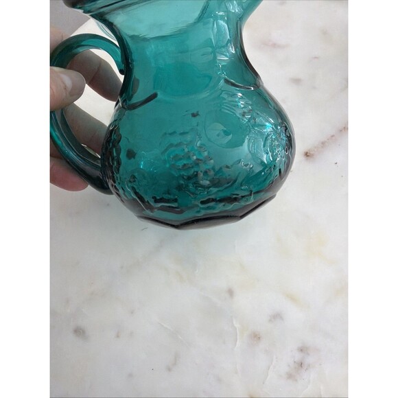 Vintage Empoli Italian Art Glass Pitcher 4.5” Grape Leaf Hand Blown Italy Teal - Picture 8 of 8